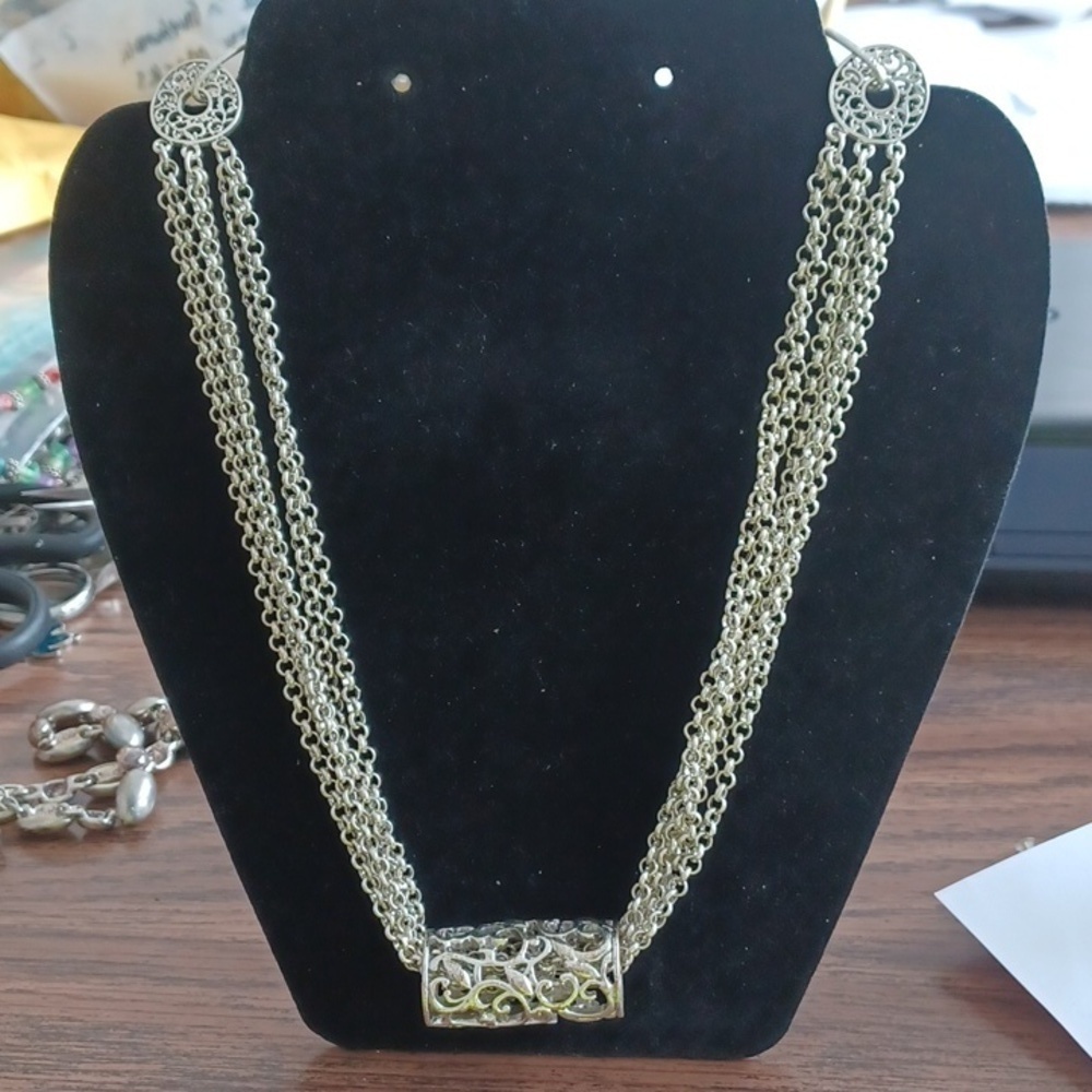 Etienne Aigner Silvertone Filigree sliding Pendant multi-strand Necklace 7-9" dr